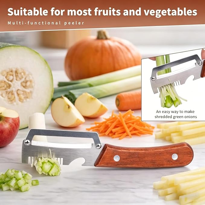 2026 Upgrade Multi-Functional Vegetable Peeler, 3 in 1 Multi Functional Wooden Handle Peeler and Bottle Opener, Kitchen Gadgets Tool forFruitVeggie Peeler