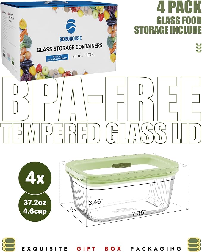 4-Pack Glass Meal Prep Containers with Easy-Open Valve & Tempered Glass Lids, 4.6 Cup (37.2oz) Airtight, Borosilicate Glass, Oven/Microwave/Freezer Safe, Gift Ready Storage Set