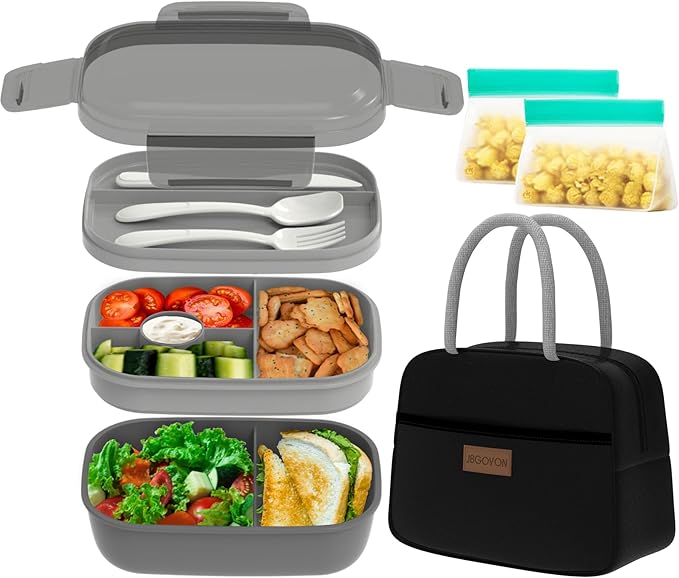 JBGOYON Leakproof Bento Box & Insulated Lunch Bag Set, 4-Piece, Black | 6-hour thermal retention, includes nested knife fork spoon, 2 reusable snack pouches, designed for adults and kids