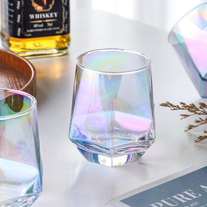 Stemless Wine Glasses Set of 4, Modern Rainbow Diamond Wine Glass, Lead-Free Premium Crystal Iridescent Wine Glasses Set for Daily Use Wedding Anniversary or Birthday Gift