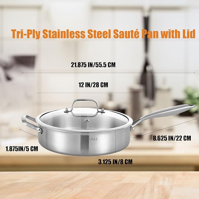 Inqibee 5 QT Tri-Ply Stainless Steel Saute Pan with Lid | Deep Frying Pan with Helper Handle | 12 Inch | Induction Compatible | Oven & Dishwasher Safe | Serves 4–6 People
