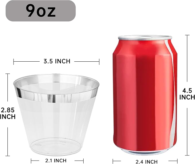 IOOOOO I00000 100PCS Silver Plastic Cups,9 oz Clear Plastic Cups with Silver Trim, Heavy-Duty Disposable Hard Cup For Party, Premium Cup Perfect for Wedding & Party
