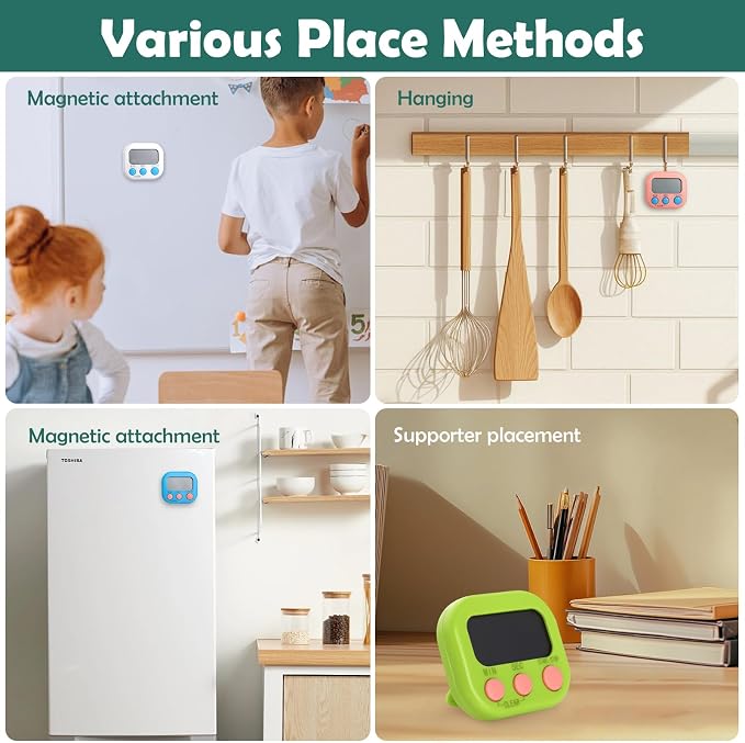 Kitchen Timers 4 Pack, Electronic Timers with Loud Alarm for Cooking, Magnetic Digital Timers Big LCD Display Blue Green Pink White (No Battery Included)