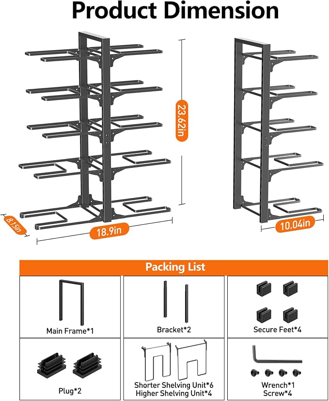 MUDEELA 10-Tier Pots and Pans Organizer under Cabinet, 23.62" H Heavy Duty | Adjustable Pot Rack for Frying Pan, Cast Iron Skillet, Tool-Free Assembly, For Kitchen Cabinets, Shelves and Countertops