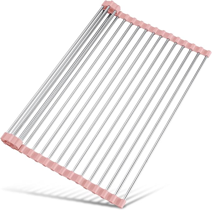 Tomorotec Roll Up Dish Drying Rack Over Sink, 304 Steel, 17.7x15.5, Pink | Anti-Slip Silicone Rims For Grip, Heat-Resistant Trivet Mat Holding Heavy Cookware, Rustproof Kitchen Counter Space Saver