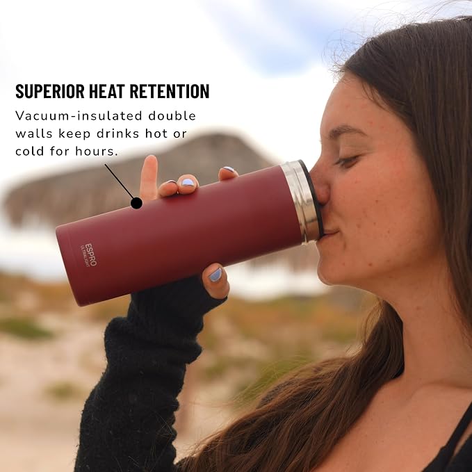 ESPRO Go P0 Ultralight French Press Coffee Maker for Travel, Vacuum Insulated Stainless Steel, 16 Ounces, Cranberry
