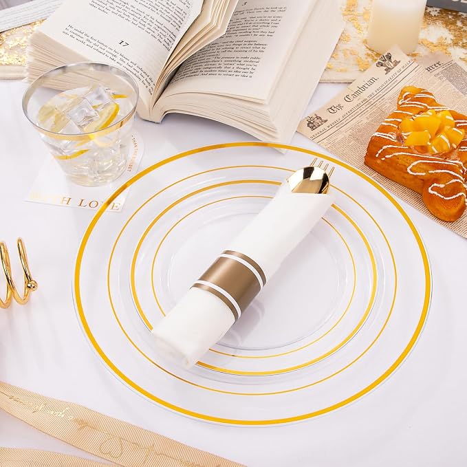 DaYammi 350PCS Clear Gold Plastic Dinnerware Set for 50 Guests Gold Plates Disposable Include: 50 Dinner Plates, 50 Dessert Plates,50 Pre Rolled Napkins with Gold Silverware,50 Cups for Party Wedding