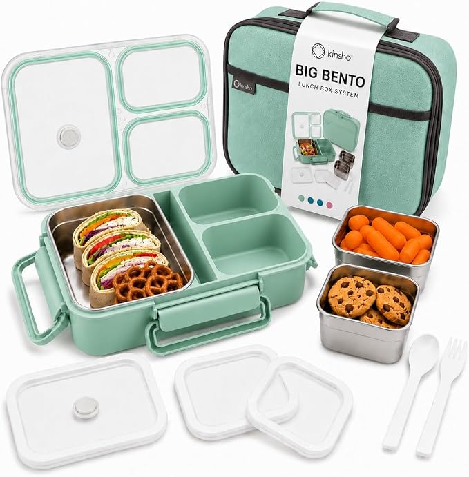 kinsho BIG Bento Lunch Box & Bag, Stainless Steel - Adults Teens Kids Green | Holds 5 Cups in 3 Removable Metal Containers, Silicone Seals, Bonus Lids, Insulated, Utensils, Leakproof for Work School Food