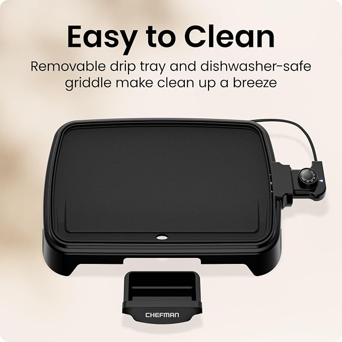 Chefman Electric Griddle with Removable Temperature Control, Immersible Flat Top Grill, Burger, Eggs, Pancake Griddle, Nonstick Easy Clean Cooking Surface, Slide Out Drip Tray, 10 x 16 Inch