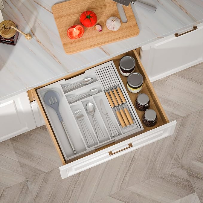 Expandable Bamboo Silverware Drawer Organizer Kitchen Tray, White | Removable Knife Block, Holds 7 Knives, Adjustable Dividers, 12.6-21.45 x 16.3 x 2.13 in, Drawer Insert for Utensils, Forks