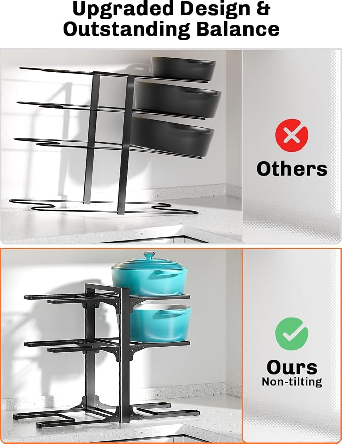 MUDEELA 6-Tier Heavy Duty Pots and Pans Organizer under Cabinet, 13.78" H | Work as a Single or Double-sided, Adjustable Pot Rack for Frying Pan, Cast Iron Skillet, Fits Various Cookware up to 12"