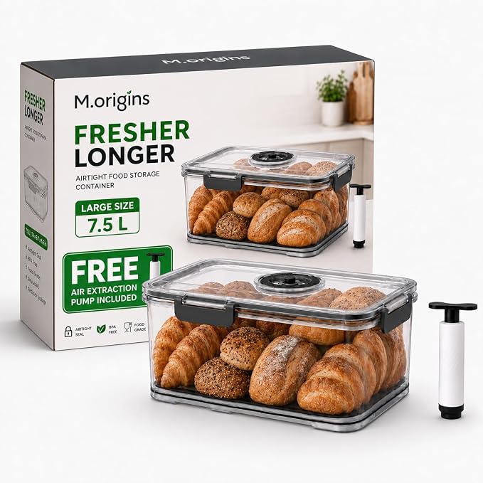 Airtight Bread Box, Sourdough Storage Container, Large 7.5L | Clear BPA-free plastic, manual air pump, date dial, silicone seal and drain tray; for sourdough, large loaves and baked goods