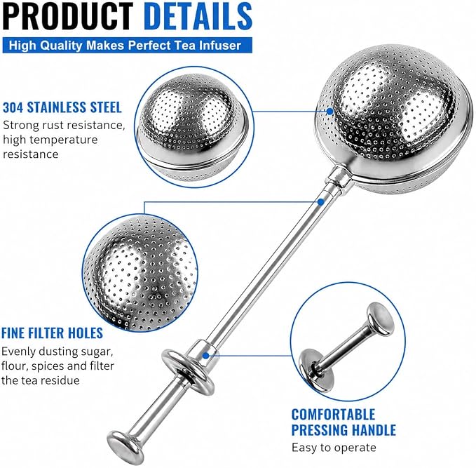 2-Pack Long-Handled Tea Strainer for Loose Tea, Extra Fine Mesh Stainless Steel Tea Infuser, Push-Style Loose Leaf Tea Steeper, Easy Clean Loose Tea Filter