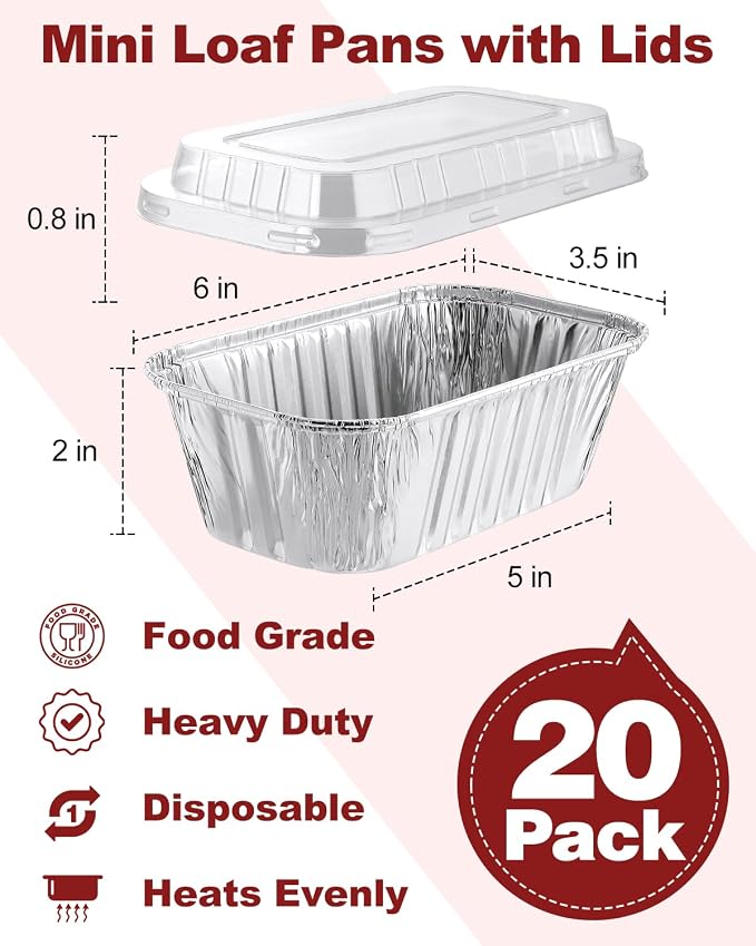 20 Pack 1 Lb Aluminum Loaf Pans with Lids - 6x3.5x2 Mini Loaf Pan, Small Disposable Tin Foil Baking Pans for Baked Bread, Cakes, Meat, Loaves