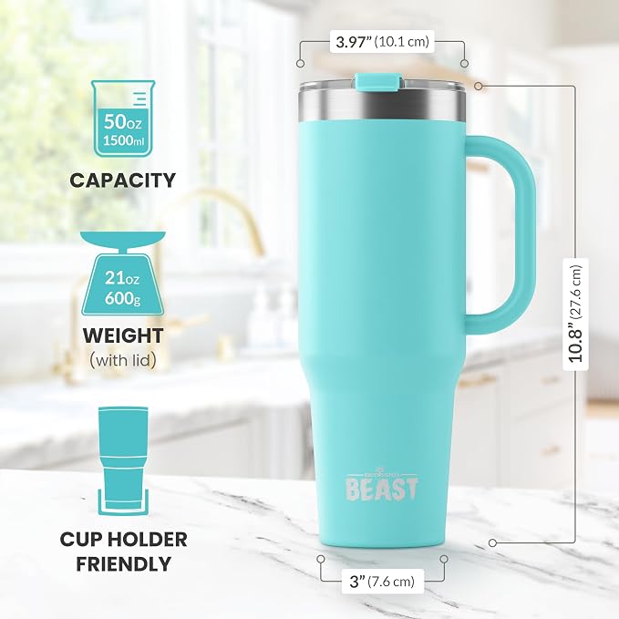 Beast 50 oz Tumbler with Handle Stainless Steel Vacuum Insulated Coffee Ice Cup Double Wall Travel Flask (Aquamarine Blue)