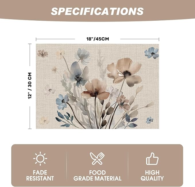 Artoid Mode Brown Poppy Floral Vinyl Spring Placemats Set of 6, Wipeable Plastic Woven PVC Table Mats for Party Kitchen Dining Decor, 12x18 Inch