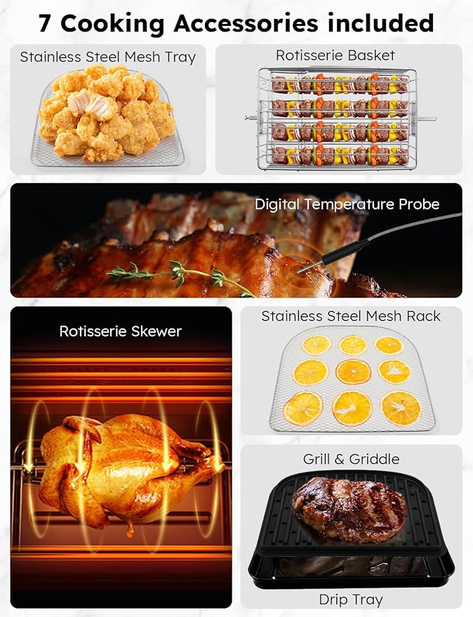 Nuwave Brio Air Fryer Oven, 15.5Qt X-Large Family Size, Powerful 1800W | SS Rotisserie Basket & Skewer-Kit, Reversible Ultra Non-Stick Grill/Griddle Plate, Integrated Smart Thermometer, Black