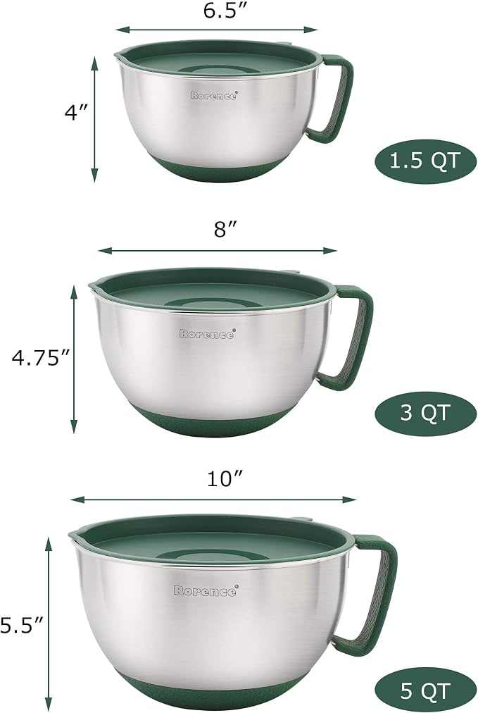 Stainless Steel Mixing Bowls Set with Lids,1.5,3 & 5 Qt,Green | Non-Slip Silicone Base,Precision Pour Spout,Ergonomic Easy-Grip Handle,Measurement Marks,Airtight Lids,Cooking & Meal Prep