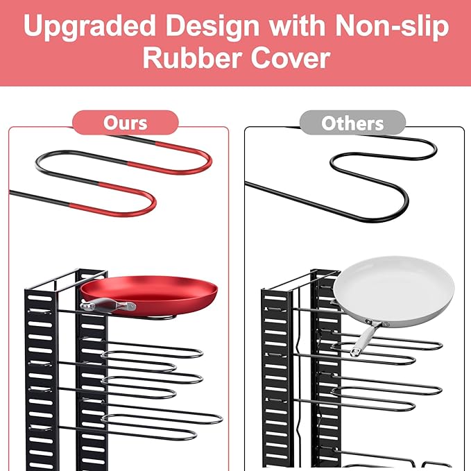 MUDEELA 8-Tier Pots and Pans Organizer under Cabinet, 16.61" Height Light Duty Pot and Pan Organizer Kitchen Cabinet Organization and Storage, Adjustable Pot Rack with 3 DIY Methods for Lids, Bakeware | Light-duty adjustable pot rack, 3 DIY methods, Ho...