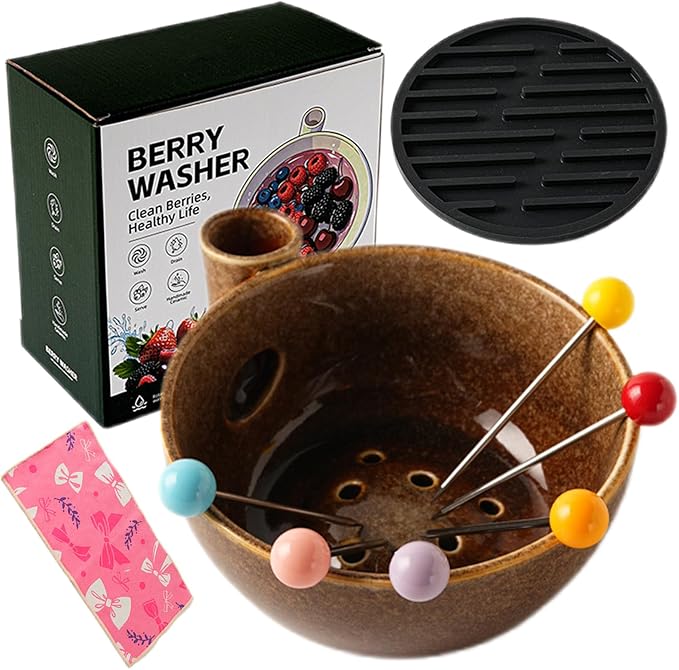 Self Spinning Ceramic Berry Washing Bowl with Drain Holes, 5.5'' Kitchen Fruit Washer Spinner Bowl with Fruit Fork and Waterproof Pad (Small-C)
