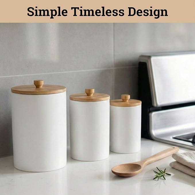Ceramic Kitchen Canisters for Countertop Set of 3 w/ Airtight Bamboo Lids | Thick Sturdy Ceramic, Matte Finish, Airtight Easy Open Bamboo Lids, Comfortable Bamboo Handles, Jar Volumes: 2, 1, 0.5 quarts