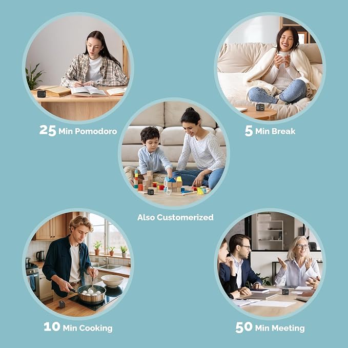 KADAMS Pomodoro Timer Visual - Productivity Pomodoro Cube, 5/10/25/50 Min Countdown & Countup, Silent – Ideal for Work Study Cook Workout Kitchen School Classroom Office ADHD Gift Kids (1, Black)