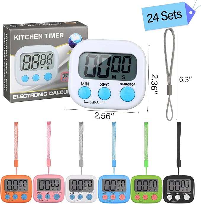 Weewooday 24 Pcs Small Digital Kitchen Timer Magnetic Back and Switch Minute Second Count up Countdown Big LCD Display Loud Alarm for Teacher Cooking Baking (Colorful)