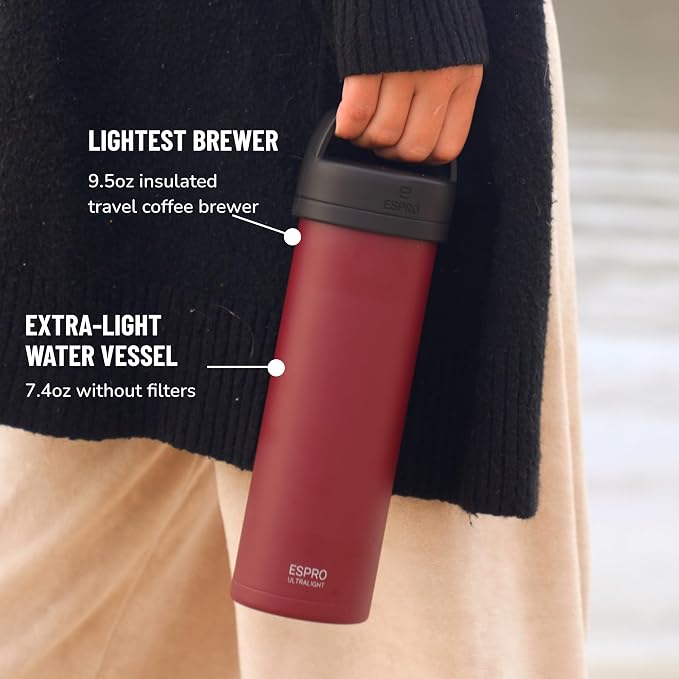 ESPRO Go P0 Ultralight French Press Coffee Maker for Travel, Vacuum Insulated Stainless Steel, 16 Ounces, Cranberry