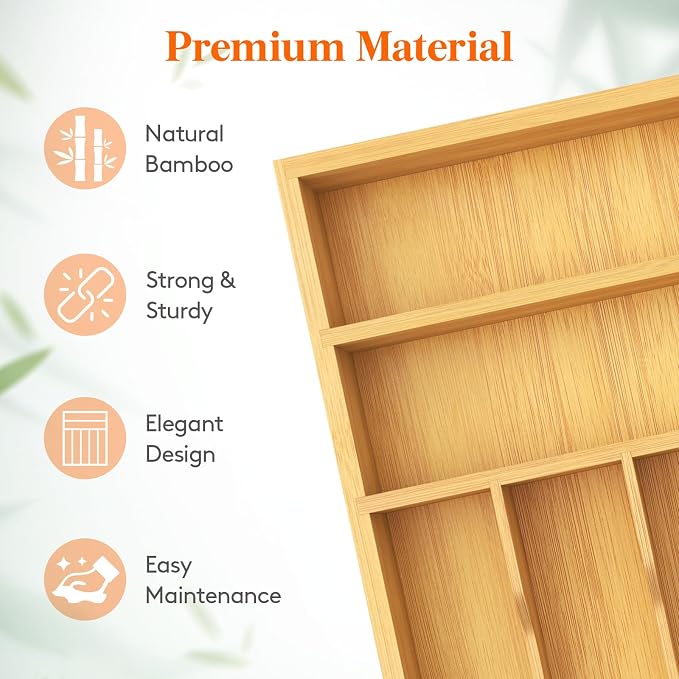 Lifewit Bamboo Silverware Tray for Drawer, 12.9 x 16.5 | Utensil Organizer for Kitchen, Flatware and Cutlery Holder, Storage for Spoons Forks Knives, Natural
