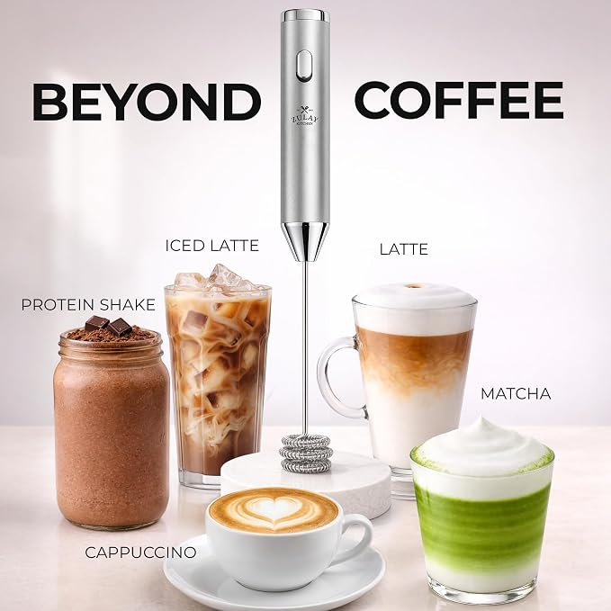 Zulay Kitchen Rechargeable Milk Frother Handheld - Frother Wand, Drink Mixer, Electric Whisk Frother, for Cappuccinos, Matcha & Protein Powder - Ultra Metal 4 Whisk, 1800mAh Silver