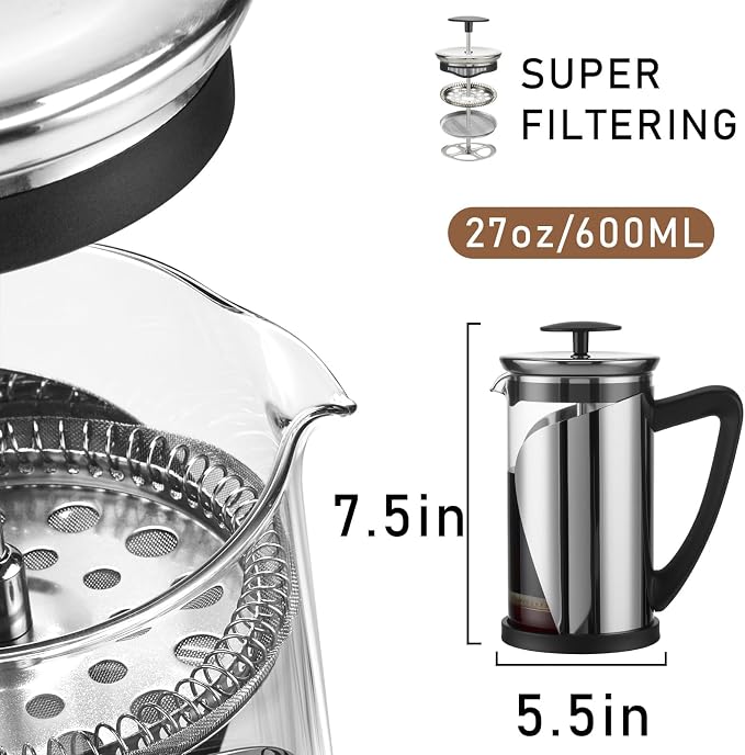 KYZ Glass French Press Coffee Maker, 20 fl oz Carafe, Stainless Steel Mesh | Four-stage filtration filters grounds; borosilicate glass handles -20°C to 150°C for coffee, cold brew and loose leaf tea