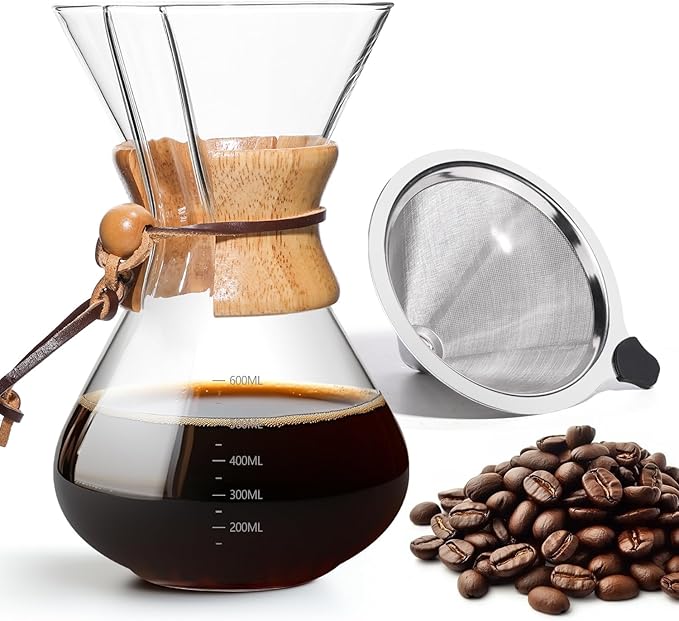 Pour Over Coffee Maker 20 OZ, 6 Cup Borosilicate Glass Drip Coffee Maker with Reusable Stainless Steel Filter and Cork Grip for Home Café 600 ML
