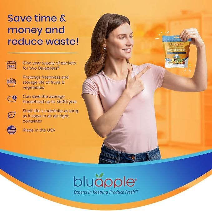 Bluapple Produce Saver Ethylene Gas Absorber - Fresh Fruit & Vegetable Storage, Food Savers for Refrigerator, 8 Packets (9g each), Each Packet Lasts 3 Months, Kitchen Must Haves, USA Made - Refill Kit