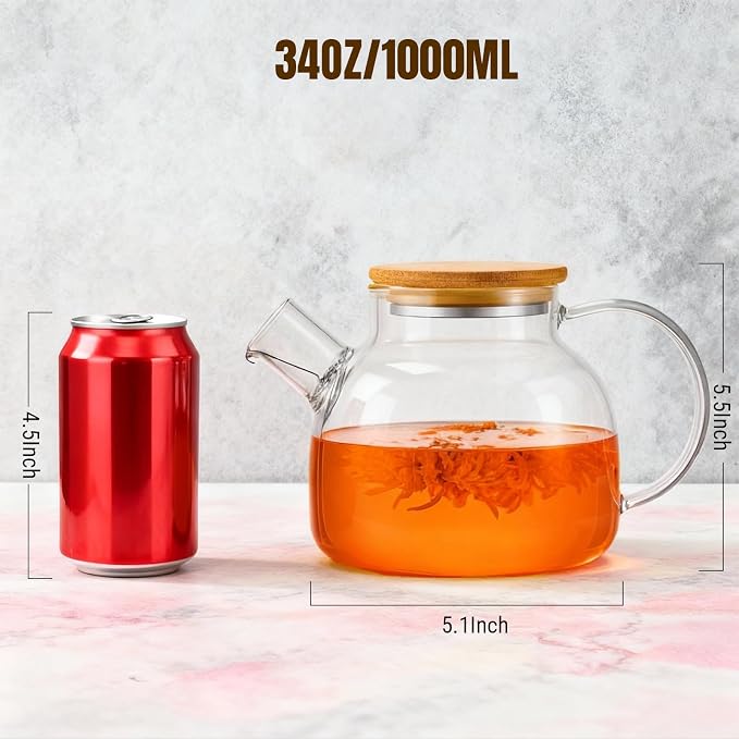 PARACITY Glass Tea Kettle Stovetop, Clear Glass Teapot with Infuser, 34oz | Transparent borosilicate tea maker has removable 18/8 stainless steel infuser and bamboo lid for loose leaf or blooming tea