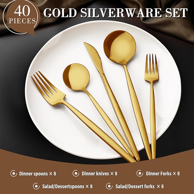 CEKEE 40-Piece Gold Silverware Set for 8, Stainless Steel Flatware Set | Gold Utensils Set, Gold Cutlery Set Include Knives Spoons and Forks Cutlery Set for Kitchen Home Restaurant, Satin Finish