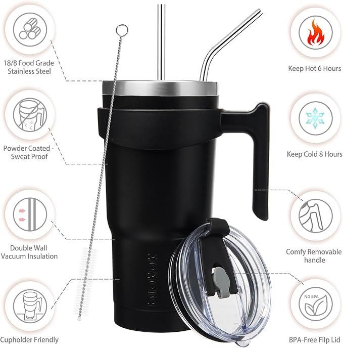 BJPKPK 20 oz Tumbler with Handle & Straw, Insulated Stainless Steel Mug | Double Wall Vacuum, Keeps Hot/Cold, Thermal Cup, BPA Free, Dishwasher Safe, Cupholder Fit, Coffee & Travel, Black