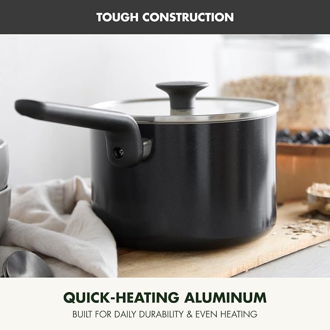 GreenPan Rio Advanced 2QT Saucepan with Lid, Ceramic Nonstick PFAS-Free Pans, Induction Ready, Dishwasher and Oven Safe, Black