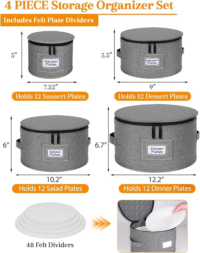 punemi China Storage Containers, 4-Set Hard Shell Dish Storage for Moving | Hard shell support with felt dividers for charger plates, dinnerware and china; stackable design holds set of 12