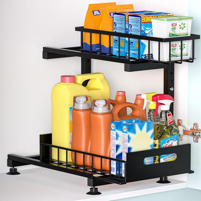 L-Shaped Under Sink Organizer, 2-Tier Pull-out Cabinet Rack 1-Pack | Black Height-Adjustable Metal Rack, Sliding Grid Drawers with Safety Stopper, Holds 100 Lbs, Ideal Kitchen Cabinet Storage