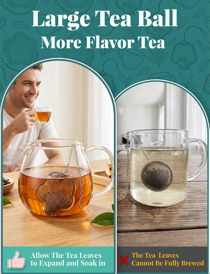 2 Pack Tea Infuser for loose tea，2.3 inch Flower Design Stainless Steel Tea Ball，Fine Mesh Tea Strainer with Extended Chain Hook for Brew Tea, Spices & Seasonings