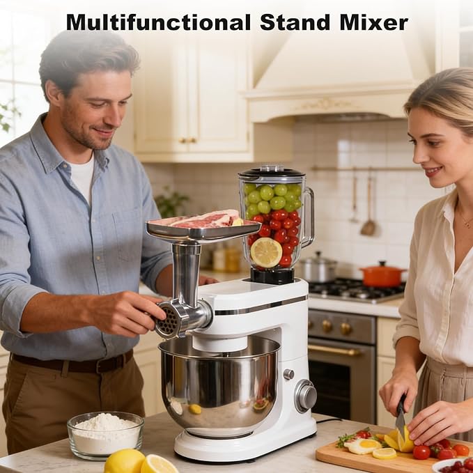 3-in-1 Stand Mixer with Meat Grinder Juicer for Kitchen | 6 Quart Tilt-Head Electric Mixer with Stainless Steel Bowl, 6+P Speeds, Dough Hook, Beater & Whisk