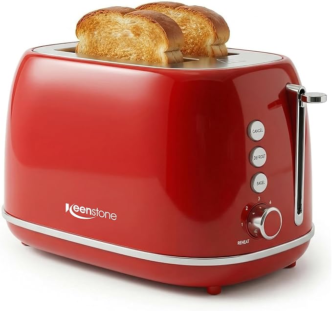 2 Slice Stainless Steel Toaster Retro with 6 Bread Shade Settings, Bagel, Cancel, Defrost Function, Extra Wide Slot, Removable Crumb Tray, Red
