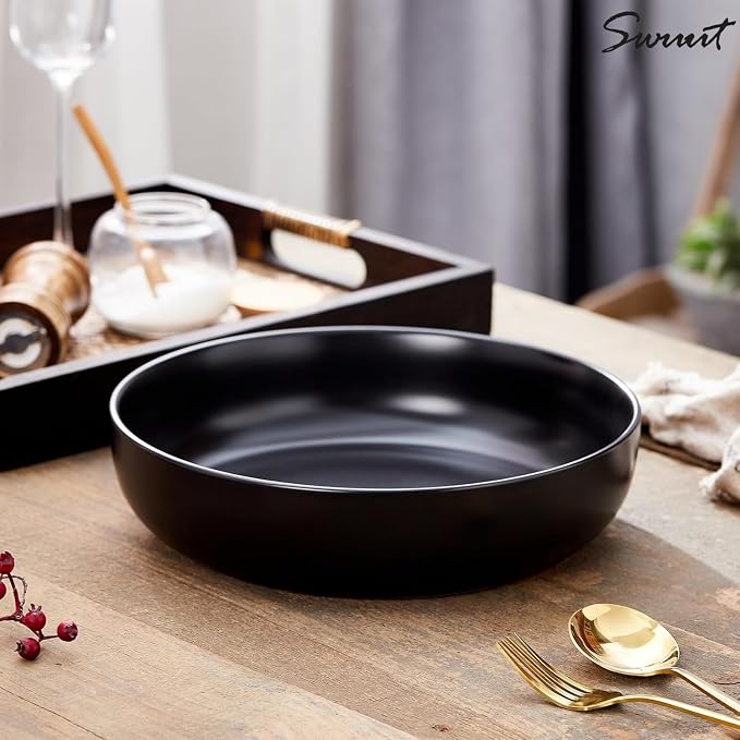 10'' Large Serving Bowl, 2.8 Quart Big Salad Pasta Bowl, Porcelain Fruit Bowl,Matte Mixing Bowls,Wide Soup Bowl for Family Kitchen,Microwave & Dishwasher Safe (Black)
