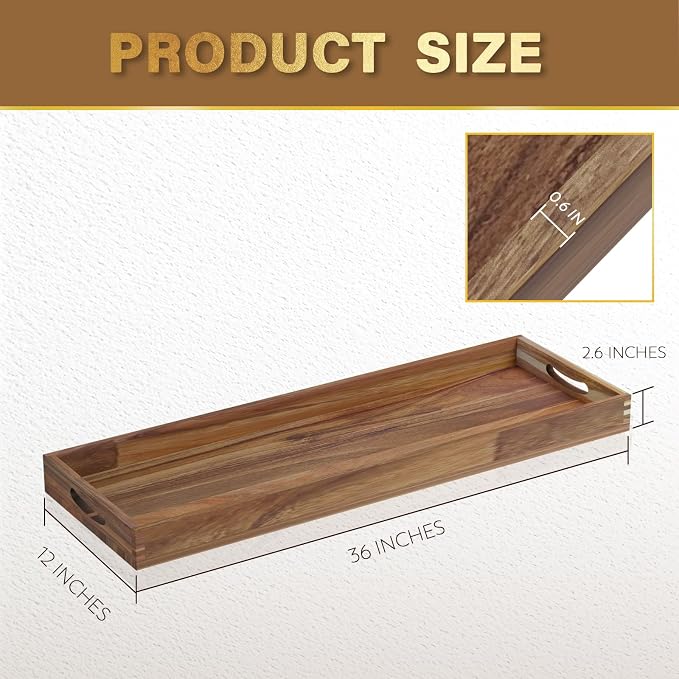Extra Large Ottoman Tray, 36 x 12 inches Acacia Wood Serving Board | Wooden Serving Tray with Handles, Rectangular Coffee Table Tray, Charcuterie Platter for Meat, Cheese Board, Extra Long 3ft