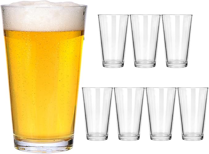 CUCUMI 8pcs 16oz Beer Pint Glasses | Drinking Glasses Set of 8 Highball Glasses Water Cups for Cold Beverages