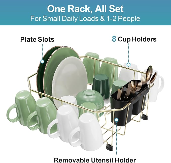 Small in Sink Dish Drying Rack - Stainless Steel for RV Kitchen | Compact Design for Apartments, Angled Corners Fit Square & Round Sinks, Utensil Holder, Cup Hooks, 1-2 Person, 11.6" x 13.4"
