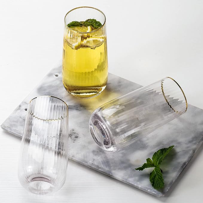 Lysenn Stemless Wine Glasses Set of 4 - Premium Hand Blown Drinking Glasses for Bubbly Wine & Champagne - Elegant Vertical Stripe and Gold Rim Champagne Flutes – Clear 17oz | Ultra Clear, Premium Quality, Large 17oz Capacity for Sparkling Wine and Bubb...
