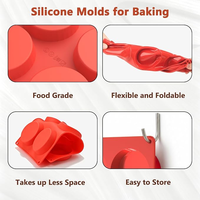 Redfly Silicone Egg Molds for Breakfast Sandwiches 2 Pcs, Non Stick 3 Inch Egg Bites Baking Pans, Silicone Muffin Pans for Baking, Round Muffin Top Pan for Whoopie Pie Pan, Tarts, Quiche