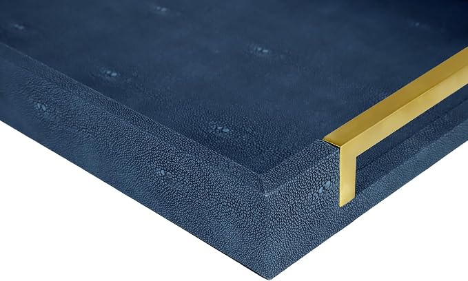 HofferRuffer Faux Leather Serving Tray with Gold Metal Handles, Stylish Decorative Tray Organizer for Coffee Table, Ottoman, Home Decor and Serving (Blue Shagreen, 16.2" x 12.2" x 2")