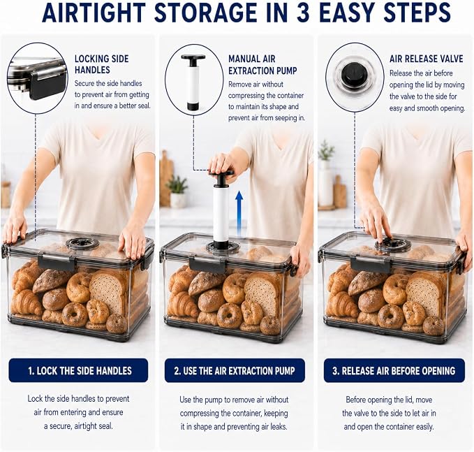 Airtight Bread Box, Sourdough Storage Container, Large 7.5L | Clear BPA-free plastic, manual air pump, date dial, silicone seal and drain tray; for sourdough, large loaves and baked goods